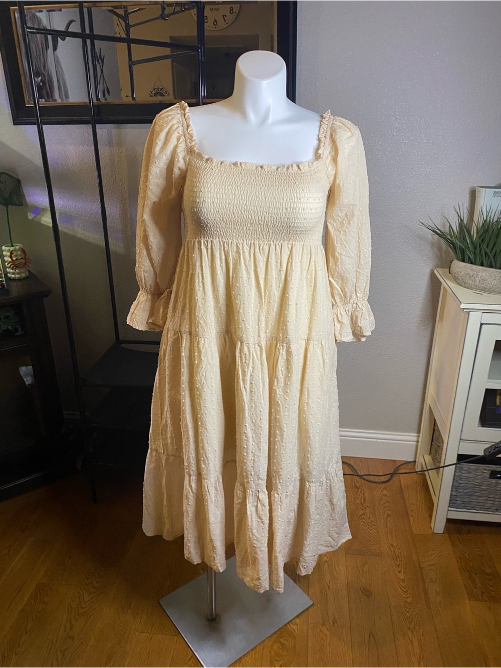 Cream Smocked Midi Dress with Puff Sleeves